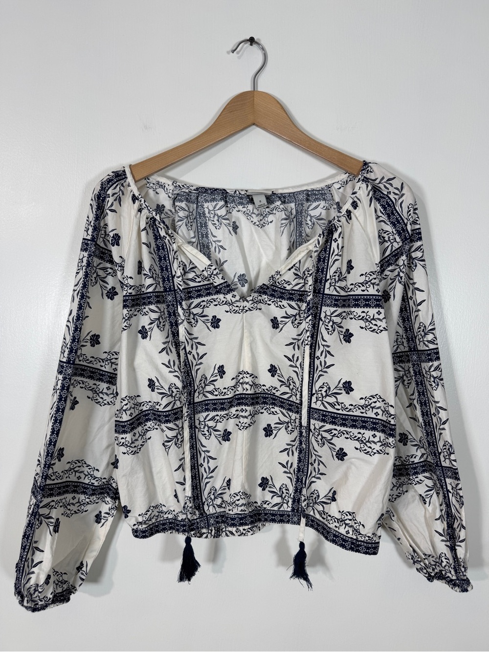 WSH117 {a new day} Off White Blue Floral Print Balloon Sleeve Blouse Top Shirt